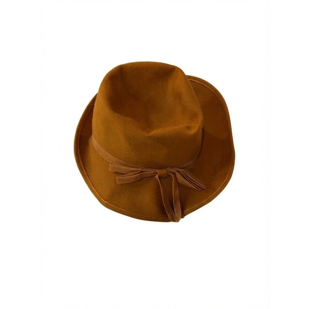 Vintage 1950s RITZ Henry Pollak Inc 100% Wool Mustard Gold Fedora Hat Bow Sz 22